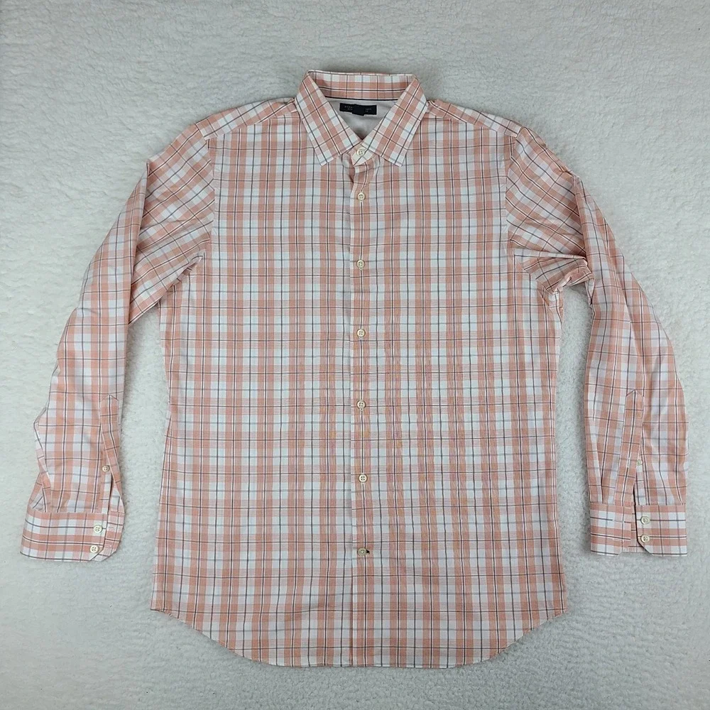 Banana Republic Dress Shirt Mens Large Salmon Plaid Non Iron Slim‎ Fit Button Up